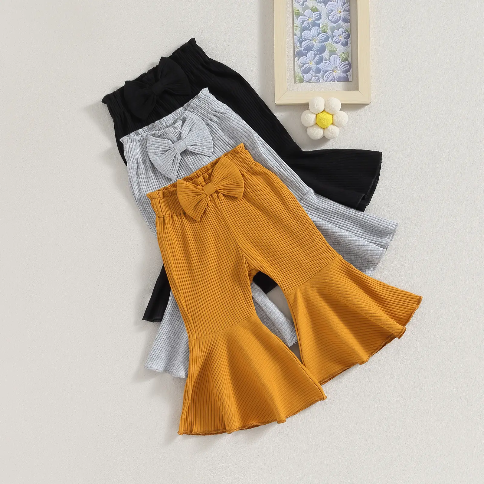 Infant Girls' 3-Pack Ribbed Flare Pants, Solid Color Cotton Blend Trousers with Elastic Waistband and Bow Detail, Ages 0-3 Years, Elastic Band, 0-6M, 12-18M Baby Clothing