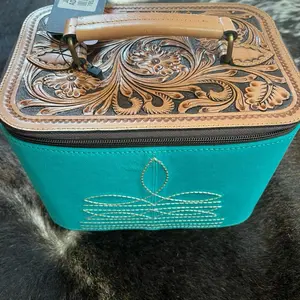 Suede Turquoise and Tooled Leather Large Jewelry Box