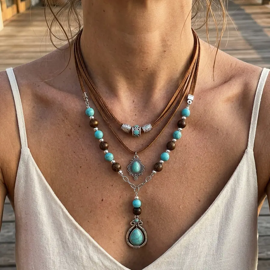 Women's Vintage Layered Gemstone Beaded Necklace - Boho Western Long Chain, Turquoise Teardrop Pendant, Leather & Wooden Bead Cowgirl Costume Jewelry