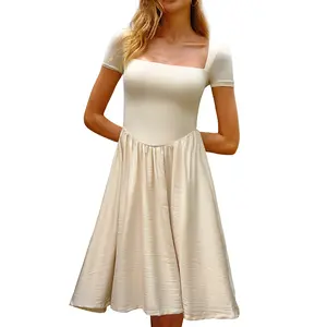 CHYRII Women Fashion Summer 2025 Square Neck Short Sleeve A-Line Wedding Guest Cocktail Midi Dress Long Sundress