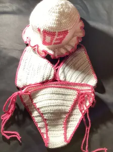 Crochet 3 Piece '03 Swim Set- Includes Bikini Set With Ruffle Hat- Ideal for Summer Wear