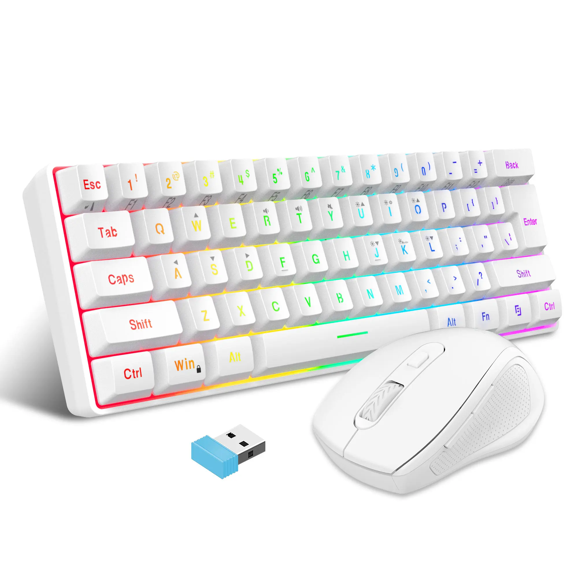 Snpurdiri 2.4G Wireless Gaming Keyboard & Mouse Combo, RGB 60% Mini Mechanical Feel Keyboard with Ergonomic Wireless Mouse (White)