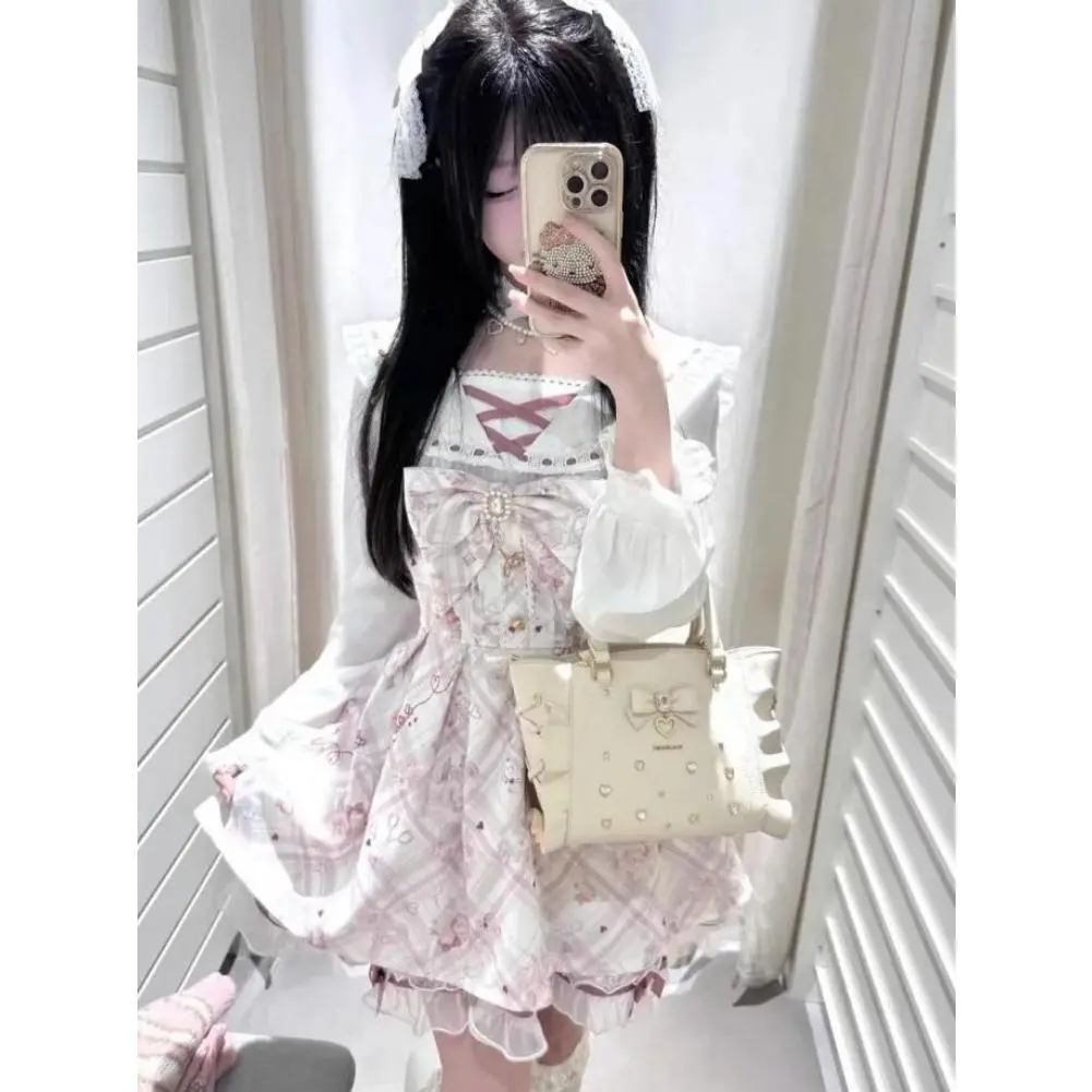 Japanese Dress Women Sweet Print Bow Vestidos Fake Two Pieces Lace Patchwork Fairy Dress 2026 Kawaii Grunge Vintage Dresses