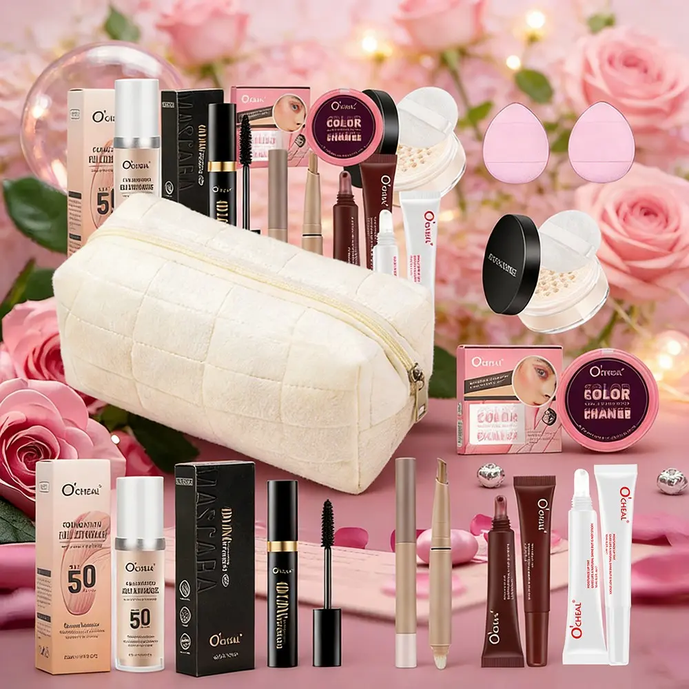 10-Piece White Makeup Bag Cosmetic Set | Foundation, Mascara, Setting Powder, Blush, Contour, Lip Gloss, Balm & More | All-in-One Gift Ready Cosmetics Kit, Travel Friendly Beauty Organizer Storage, Holiday Present for Women