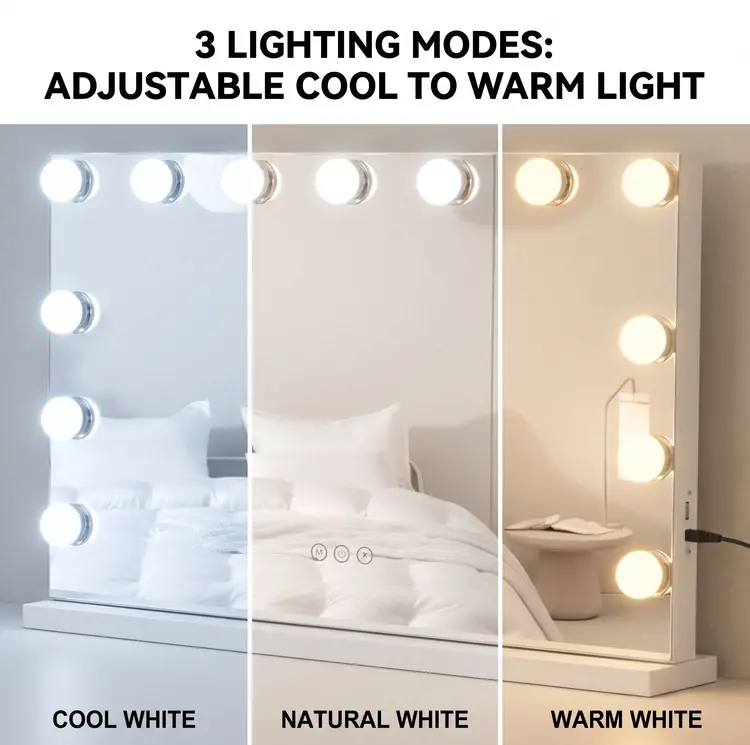 Hollywood Vanity Mirror with Lights 23" x 18" Large Led Makeup Mirror with 15 Bulbs LED 3 Color Modes & USB Charging Port Aluminum Metal Frame, White
