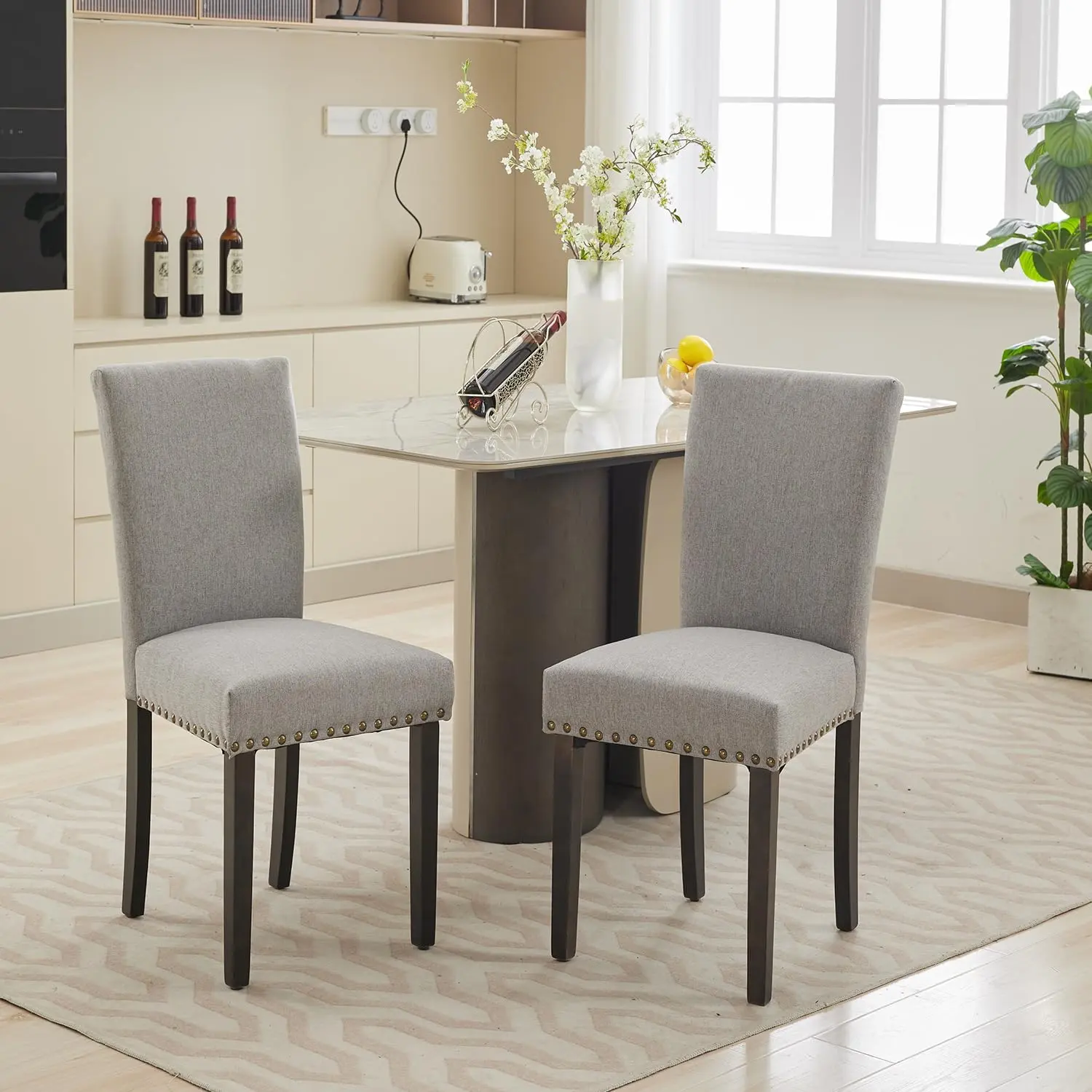 Garvee 2-Piece Linen Fabric Upholstered Parsons Dining Chair Combo - Comfy Fabric Chairs, Nailhead Trim, Heavy-Duty Sturdy Wood Legs, Fully Padded, Modern Indoor Furniture for Daily Dining