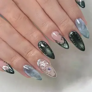 Elegant Press-On Nails Set, Silver Color Olive Cat Eye Design, 24-Piece Nail Art Kit, Ideal for Stylish Manicures & Pedicures