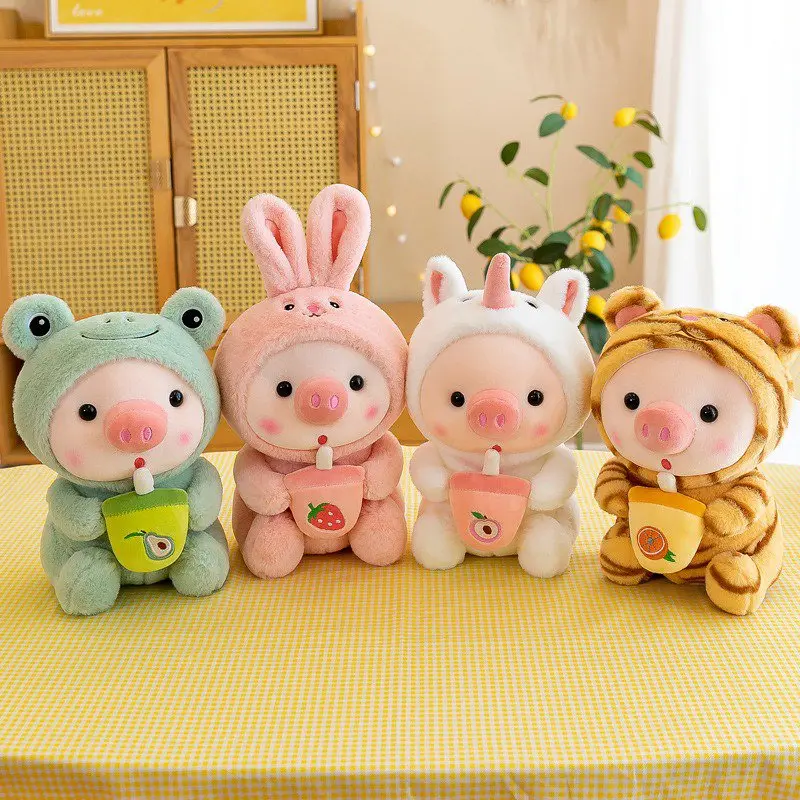 Kawaii Stuffed Pig Plush Pillow - Bubble Tea & Cartoon Pattern Huggable Stuffed Animal, Animal Merch, Cute Collectibles for Bedrooms, Home & House Decorations, Valentine’s Day Gift for Soft Aesthetics Lovers