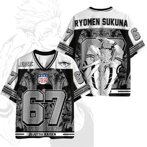 Sukuna JJK Anime Graphic Mesh Jersey - Men's Oversized V-Neck Sport Shirt - Aesthetic Black & White Manga Top - Premium Breathable Streetwear