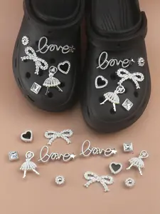 Silver Rhinestone Shoe Charms For Clogs, Ballerina Bowknot & Love Letter Decorations, Detachable Bling Ornaments With Heart & Flower, Trendy DIY Accessories For Daily Wear