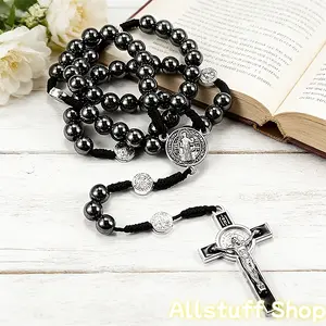 One Black Onyx Bead Pendant, Car Rearview Mirror Bead Pendant, Safety Bead Pendant, St. Benedict Cross Car Pendant, Easter Gift, Small Religious Gift