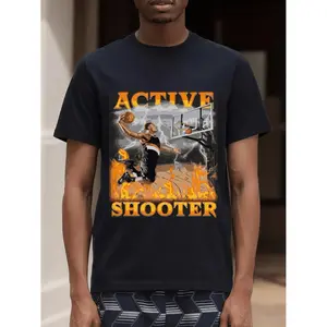 Men'S Retro Basketball Graphic T-Shirt - Active Shooter Meme Design with Dynamic Player & Fiery Background, Black Cotton Casual Short Sleeve Tee, Regular Fit All-Season Comfort, Halloween Gift Idea, Sports Fan Apparel