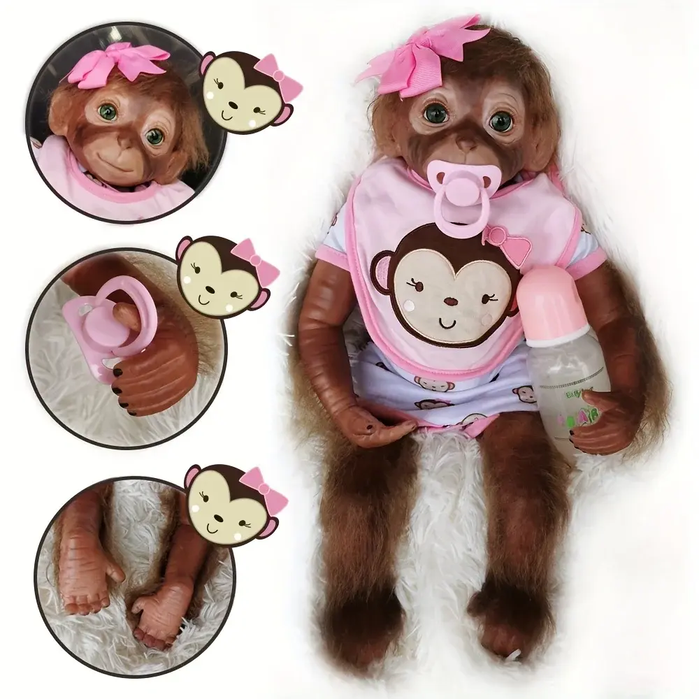 18-inch Realistic Vinyl Reborn Monkey Doll with Pink Bow and Bottle - Cute Dolls Gifts for Kids, Ideal for Christmas Presents