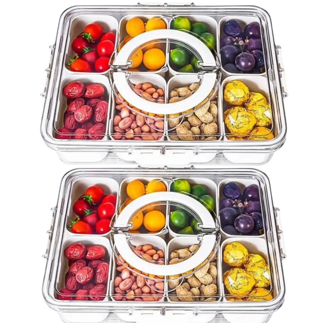 Pack of 2 Divided serving tray with lid, handle and 8 compartments perfect for snacks fruit and salad great for travel, and road trips