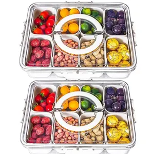 Pack of 2 Divided serving tray with lid, handle and 8 compartments perfect for snacks fruit and salad great for travel, and road trips