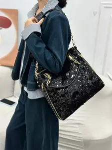 New Shiny Sequin Handbag for Women Luxury European Style Large Capacity Soft Leather Crossbody Bag Fashionable Shoulder Purse Versatile Everyday Designer Tote