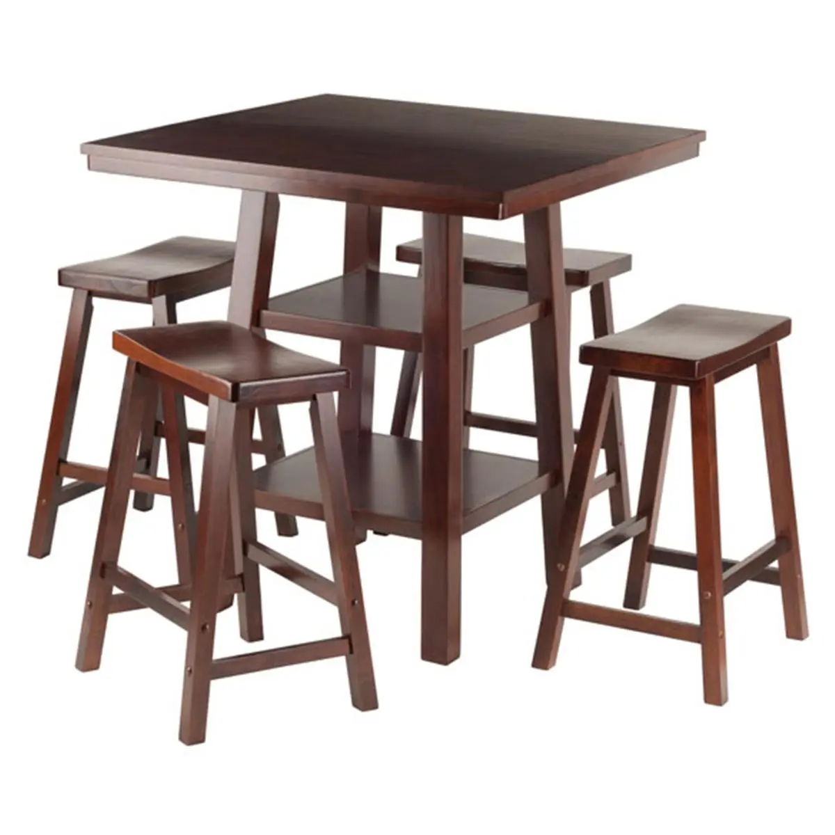212 MAIN 5-Piece Handcrafted Solid Wood Orlando High Dining Table Set, Walnut Finish, Antique Design, 2 Storage Shelves, 4 Saddle-Seat Stools