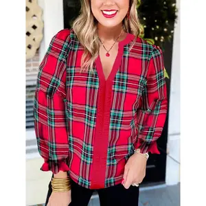 Red Christmas Plaid Print Contrast Color Stitching Casual V-Neck Ruffle Cuff Top Shirt 3/4 Sleeve New Autumn Winter Top Loose Puff Sleeve Tunic Top Women's Blouse Fit Womenswear