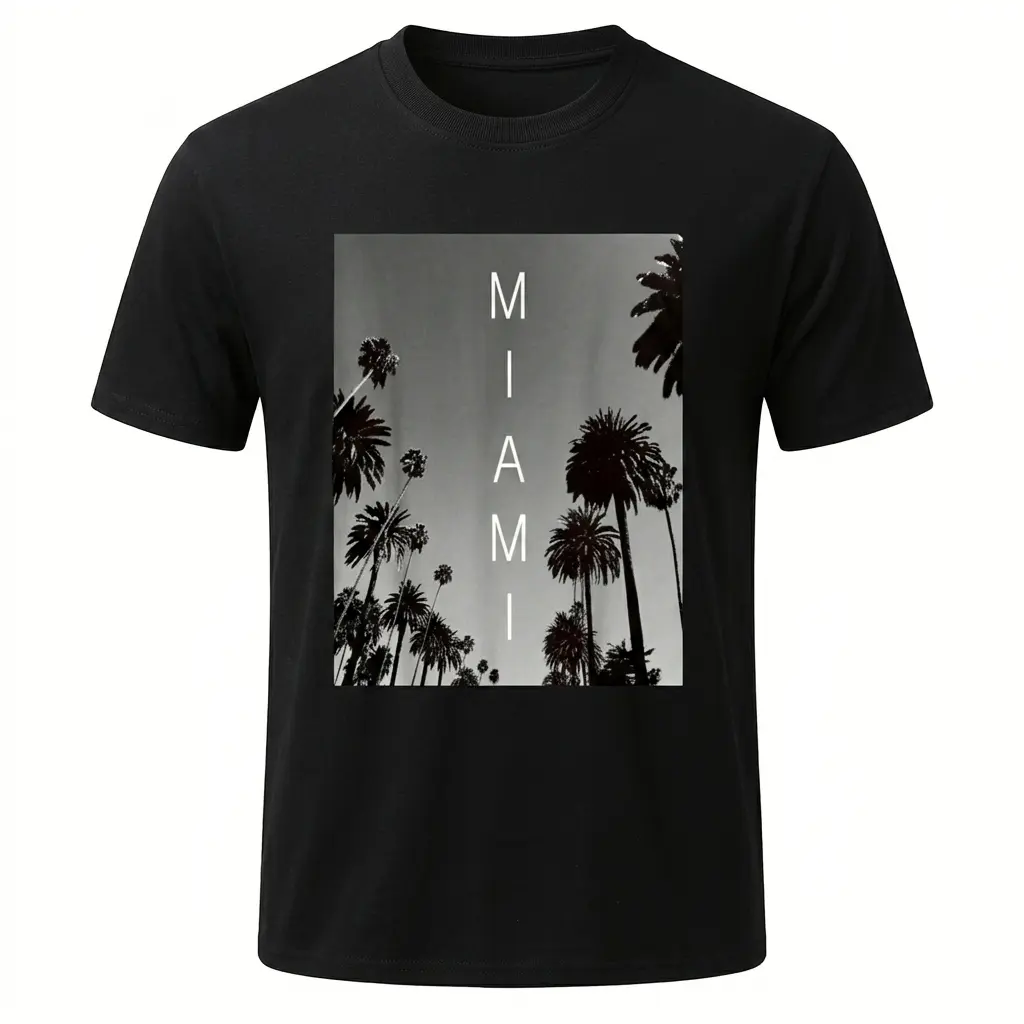 Men's Vintage Tropical T-shirt, Miami Palm Tree Graphic Print, Shortsleeve Round Neck Casual Summer Vacation Top, Classic
