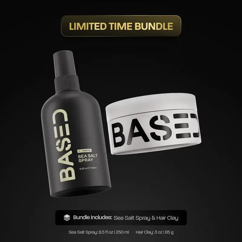 BASED Texture & Hold Duo: Men's Hair Care Bundle - Non-Toxic Volumizing Sea Salt Spray with Kelp & B5, Strong Hold Low-Shine Texturizing Clay with Santal Sandalwood, Paraben-Free