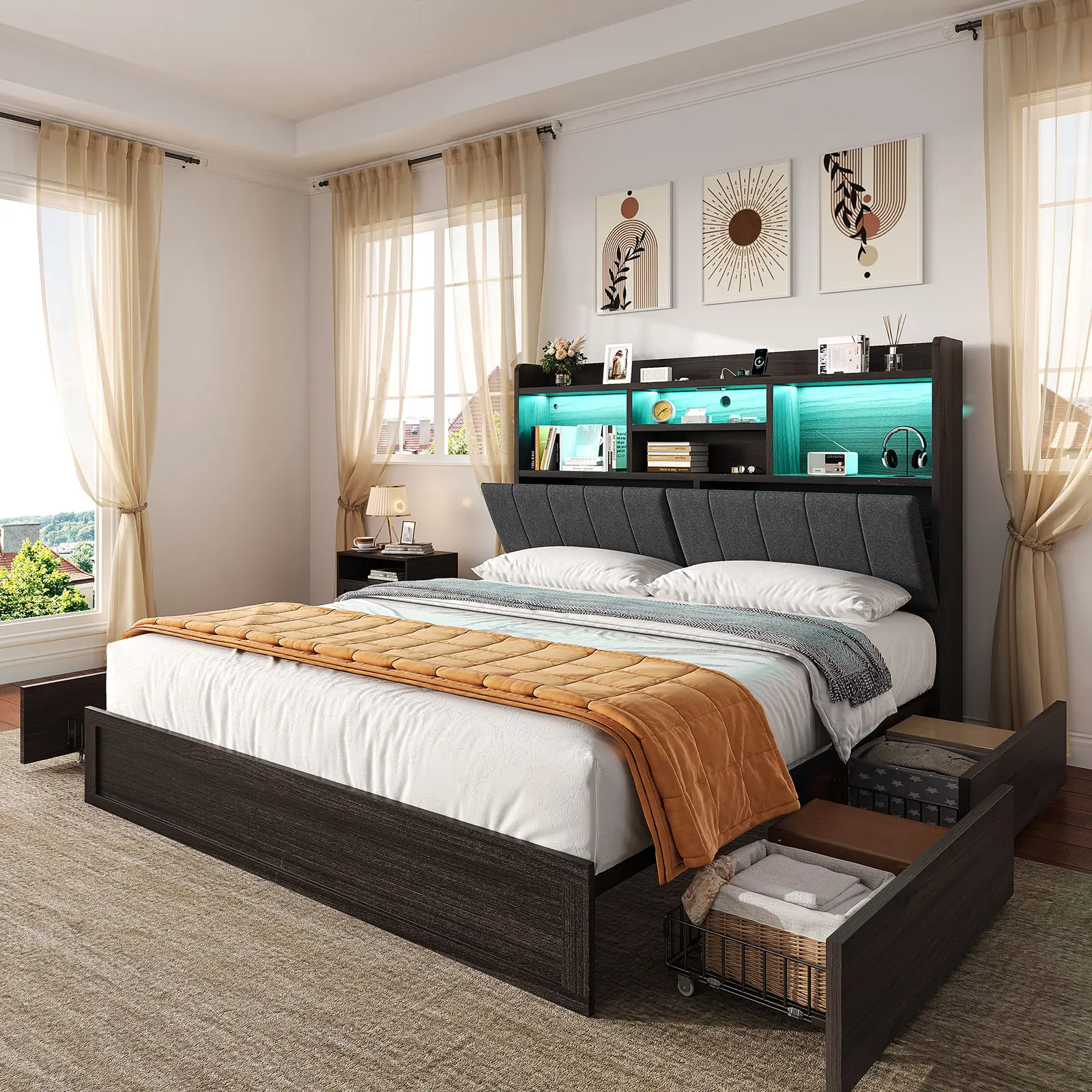 VanAcc Platform Bed with 4 Storage Drawers, LED Bed Frame with Bookcase Headboard, Linen Upholstered, Charging Station & Hidden Storage Area, No Box Spring Needed