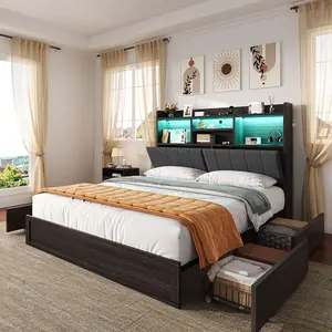 VanAcc Platform Bed with 4 Storage Drawers, LED Bed Frame with Bookcase Headboard, Linen Upholstered, Charging Station & Hidden Storage Area, No Box Spring Needed