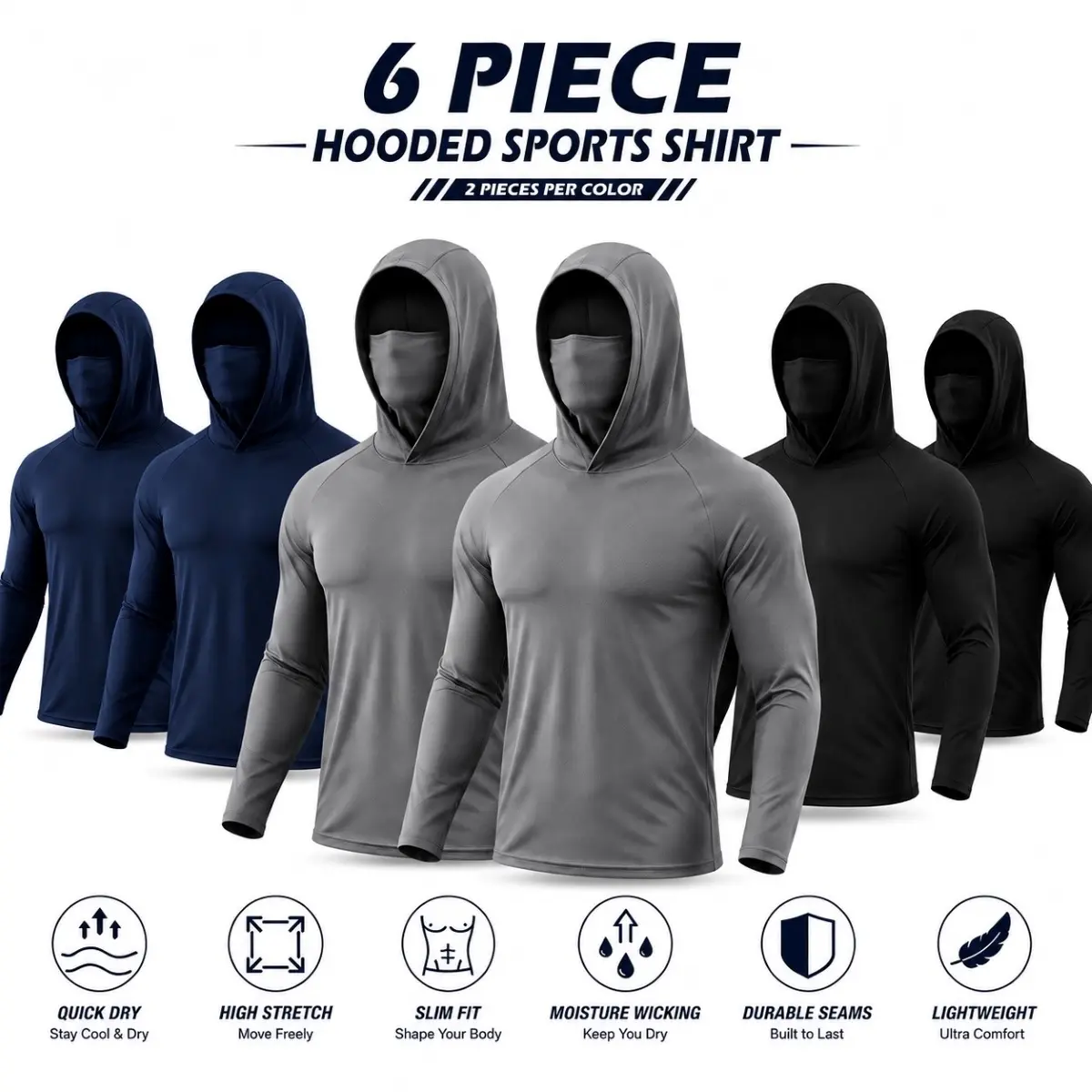 Men's 6-Pack UPF 50+ Hooded Sun Shirts, Long Sleeve Pullover with Built-in Face Mask, Quick-Dry Stretch Fabric for Fishing & Outdoors, 2 Black + 2 Gray + 2 Navy Blue, 3-In-1