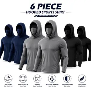 Men's 6-Pack Sun Protection Hooded Shirts with Face Mask - Activewear Clothing, Dryfit Gym Shirts, Durable Fitness Apparel, Quick-Dry Sweat-Wicking Fabric, Elastic Slim Fit, Windproof UV Protection, Reinforced Stitching, Ideal for Fishing, Outdoor Sports,