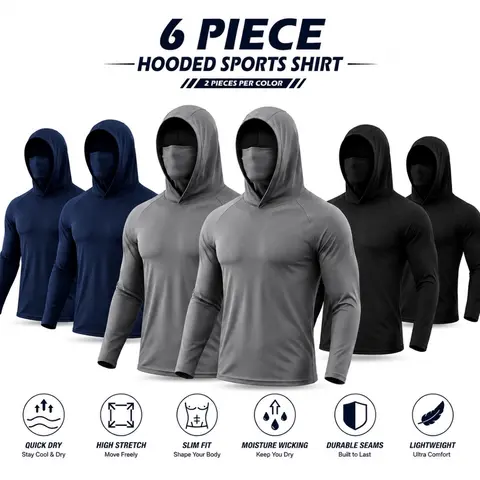 Men’s 6-Pack 3-in-1 UPF 50+ Sun Protection Hoodies with Built-In Face Mask, Lightweight Quick-Dry Stretch Long Sleeve Fishing Shirts, Breathable Moisture-Wicking Outdoor Workwear for Hiking, Camping & Travel, 2 Black + 2 Gray + 2 Navy