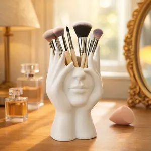 Multi-Purpose Desk Organizer Pen Holder & Makeup Brush Holder Hand & Face Sculpture Resin Ceramic Style Matte White 6.69 H 4.13 L 2.56 W Perfect for Office Study Vanity Bathroom Entryway Room Decor