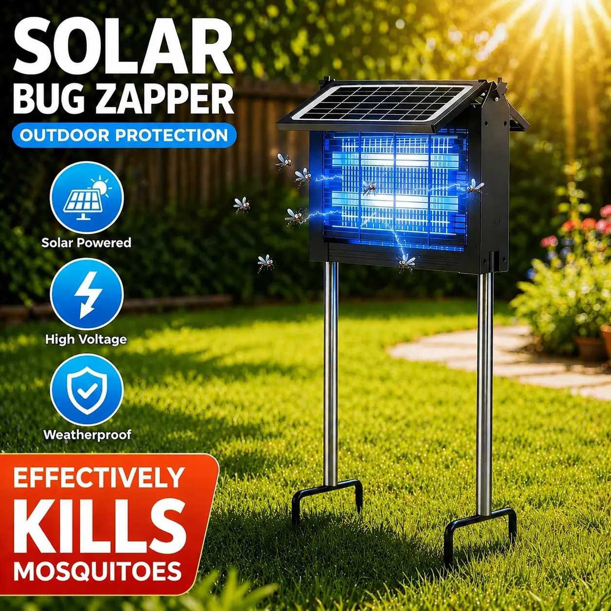 Solar Bug Zapper Outdoor, 4500V Electric Mosquito Zapper with Dual Solar Panels & USB Charging, Auto On/Off Mosquito Killer, IPX5 Waterproof Fly Trap for Backyard Patio Garden Camping