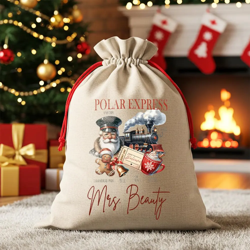 Personalized Christmas Santa Sack: Vintage Train Design Canvas Gift Bag