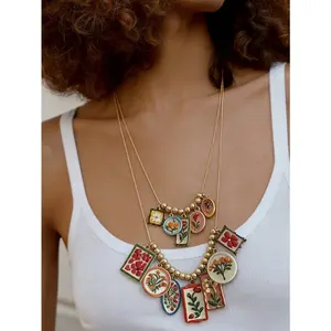 Retro Chic Double-Layer Pendant Necklace, Alloy Printed Multi-Charm Stackable Necklace, Casual Vacation Fashion Jewelry for Women