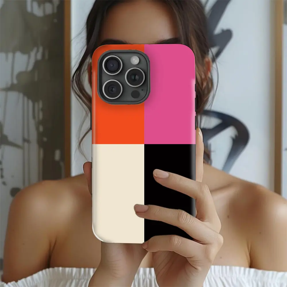 Tile Pink Orange Black and Cream Tough 2 in 1 Phone Case with Durable, Shock Absorbent and Stylish Design. Compatible with Iphone 11, 12, 13, 14, 15 and 16 Pro Max and Pro Plus Series A creatively designed new phone case, perfect as a gift for your friend