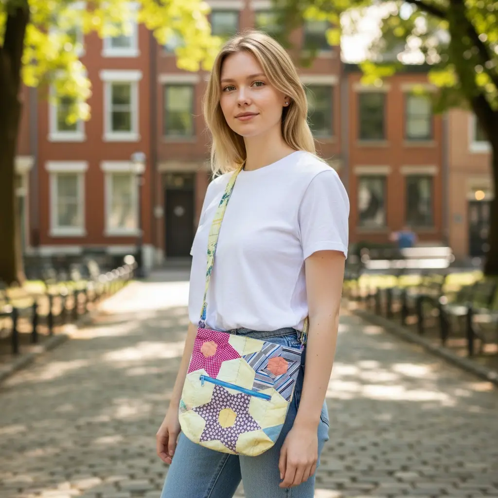 Women's Upcycled Recycled Quilted Patchwork Crossbody Bag - Adjustable Strap, Zipper Closure, Stylish Luggage & Bag for Daily Use