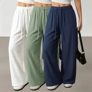 Women’s three piece set featuring loose, casual long pants made from polyester fiber—comfortable and versatile with a solid straight design, drawstring and pockets, suitable for everyday outings and outdoor activities.