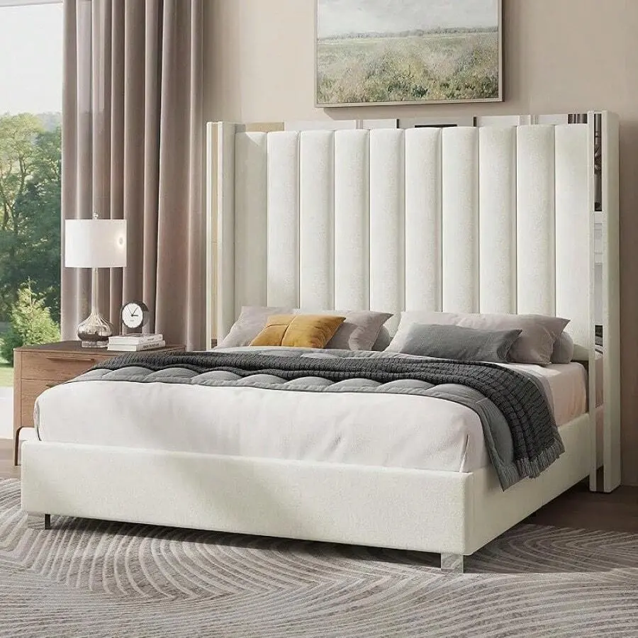 Modern Upholstered Queen Bed Frame, Upholstered Platform Bedframe with 58-in Tall Channel Tufted Wingback Headboard & Plating Trim, No Box Spring Required, Apartment Furniture, Modern Upholstered Bed