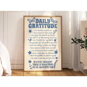 Daily Gratitude Poster, Blue Retro Print, Grateful Quote Wall Art, Printable Thankful Quotes Wall Decor, Large Art Print