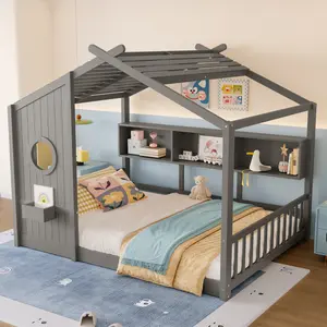 Full Size Floor Bed,  Wood House Bed with Storage Bookcase Shelf, Playhouse Bed with Roof Design