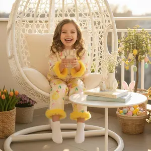 Easter Girls 2Pcs Pajamas Set, Long Sleeve Lapel Button Down Chick Egg Print Tops & Elastic Waist Pants Sleepwear For 1-7 Years