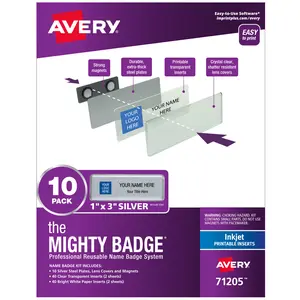 Avery Reusable Magnetic Professional Name Badge System, 1" x 3" Silver Name Tags, 10 Identification Badges, 80 Inkjet Printable Inserts, Design Software Included (71205)