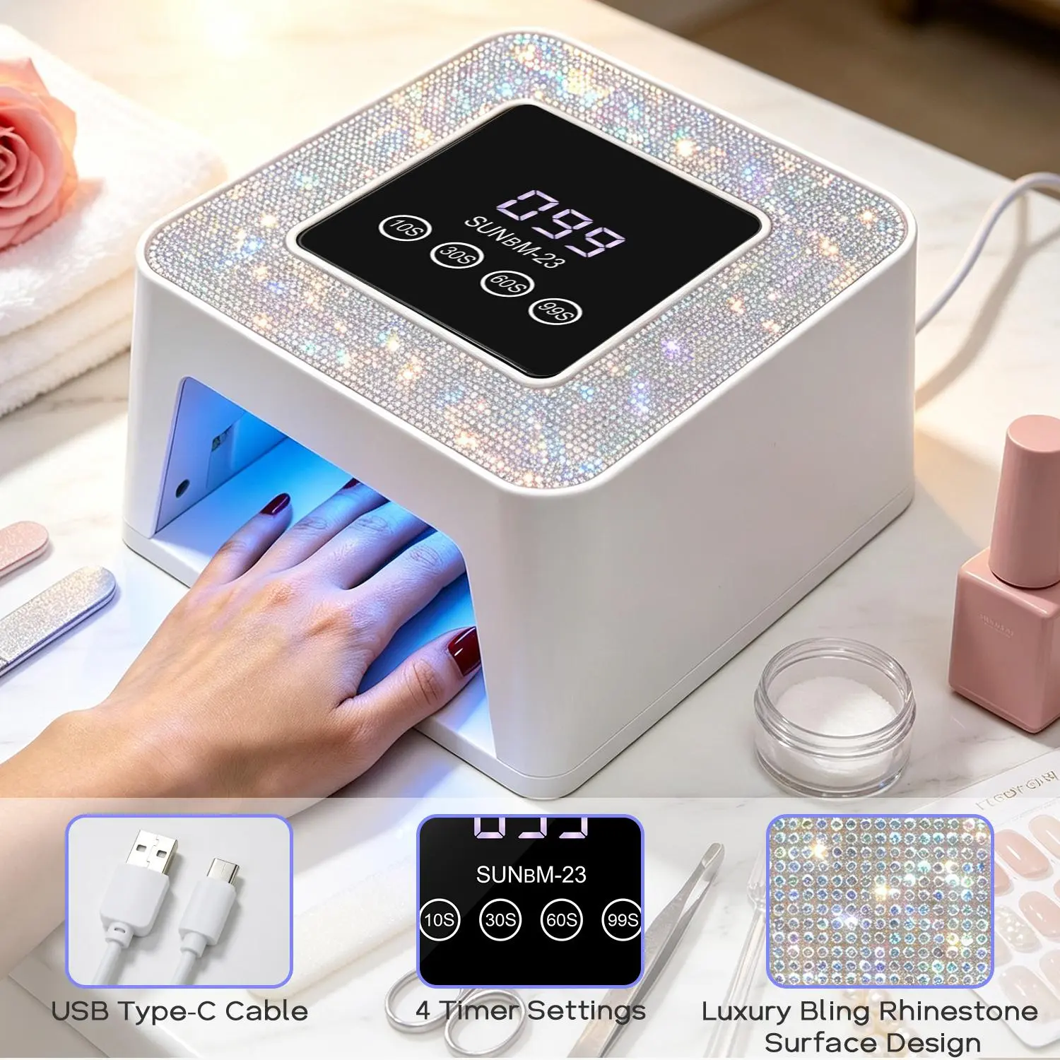 Bling Rhinestone UV LED Nail Lamp, UV Dryer for Gel Nail Polish, Plug-in Diamond Nail Dryer with Touch Control, Auto Sensor and 4 Timer Settings for Home DIY & Nail Salon