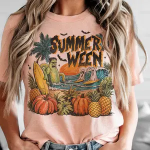 Summerween Frankenstein Tropical Graphic Tee Surfing Ghost Beach Fall Summerween Tshirt Pumpkins and Pineapple Womens Casual Top