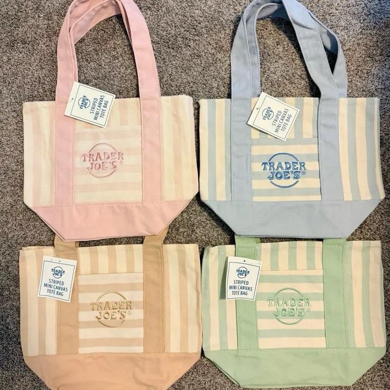 Trader Joe’s Striped Canvas Tote Bag - Cute Versatile Reusable Handbag, Lightweight Portable Daily Shopping Accessory, 4 Pastel Color Options (Trader Joes Bag)