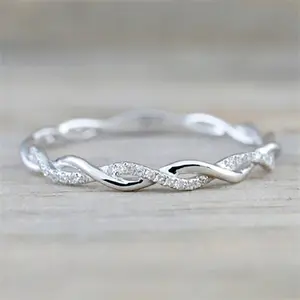 Simple Stylish Women Thin Rings Fancy Twist Band Shiny Crystal Cubic Zircon Daily Wear Versatile Jewelry Minimalist Gift