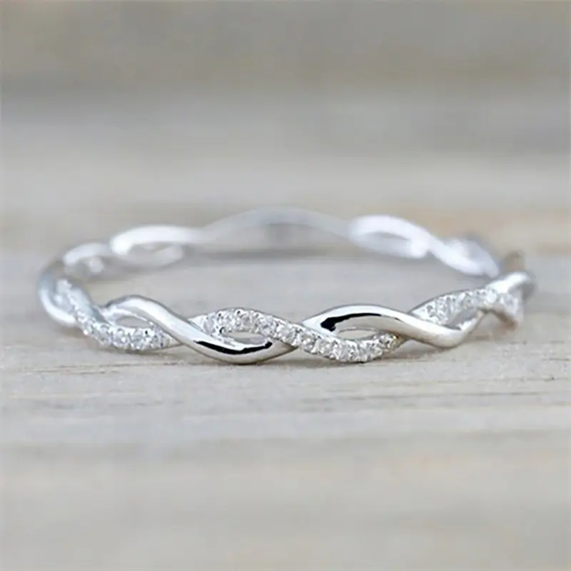 Simple Stylish Women Thin Rings Fancy Twist Band Shiny Crystal Cubic Zircon Daily Wear Versatile Jewelry Minimalist Gift
