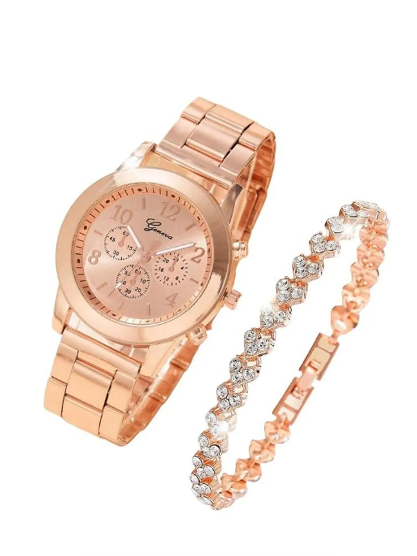 2-piece Geneva Three-eye Diamond-Set Metal Quartz Watch with 