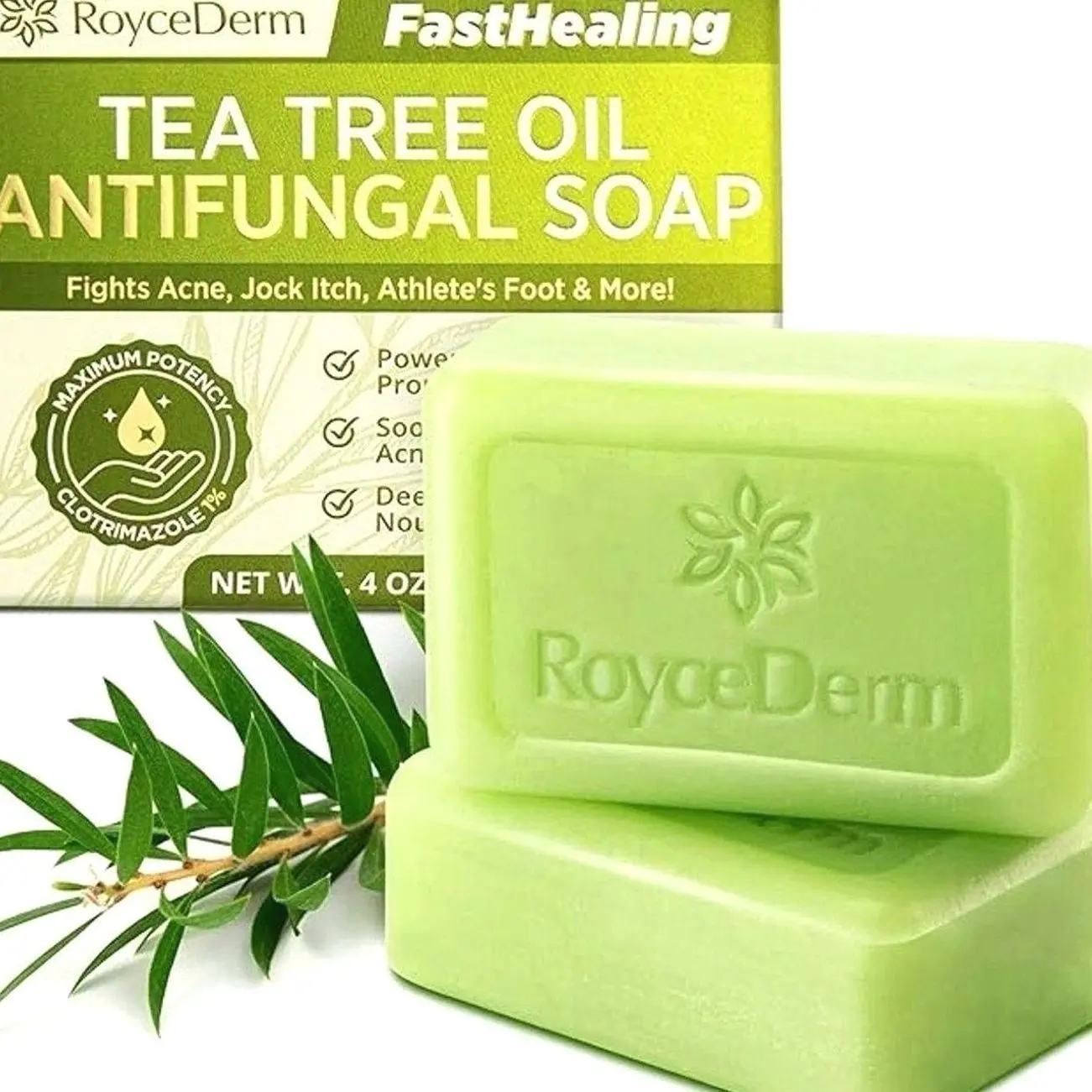 Roycederm Antifungal Antibacterial Tea Tree Soap: Antifungal Antibacterial Treatment for Face & Body Acne, Athlete's Foot, Tinea, Folliculitis Ringworm Jock Itch (Pack of 1)
