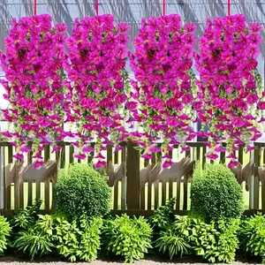 4 Piece Artificial Hanging Flowers Set, Artificial Faux Plants, UV Resistant Fabric Morning Glory & Eucalyptus, Mixed Colors for Indoor Outdoor Decor, Artificial Fake Plants
