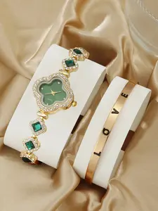 2-Piece Fashion Clover Bracelet Quartz Watch Emerald Women's Watch